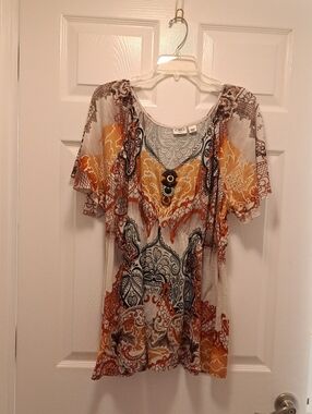 Cato Women's Orange, White & Brown Paisley Short Sleeve Blouse